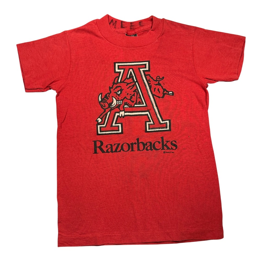 Vintage 80s Arkansas Razorbacks T-Shirt Red Anvil Collegiate Graphic Tee Kids XS
